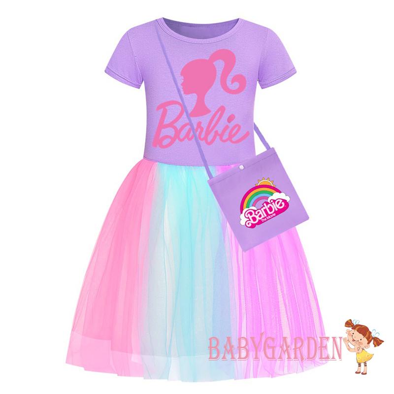 Đầm Công Chúa barbie Tay Ngắn Phối Lưới In Chữ Kèm Túi Đeo Chéo Dễ Thương Cho Bé Gái 3-12 Tuổi
