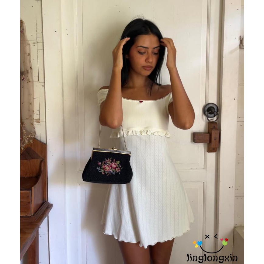 Linglongxi2-phụ nữ tay ngắn cổ vuông diềm xếp nếp hoa mỏng phù hợp với mini dress