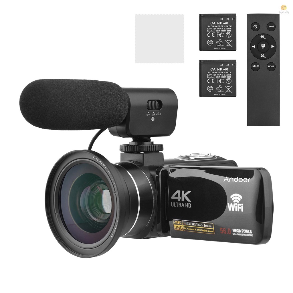 Máy Quay video Kỹ Thuật Số andoer 4k wifi dv Ghi Hình 56mp 18x zoom 3.0 inch ips Cảm Ứng Hỗ Trợ Quay Ban Đêm ir Chống Rung + 2 Bộ Phụ Kiện