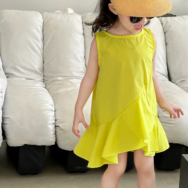 Trẻ em hàn quốc cô gái không tay màu rắn hem ruffled design dress