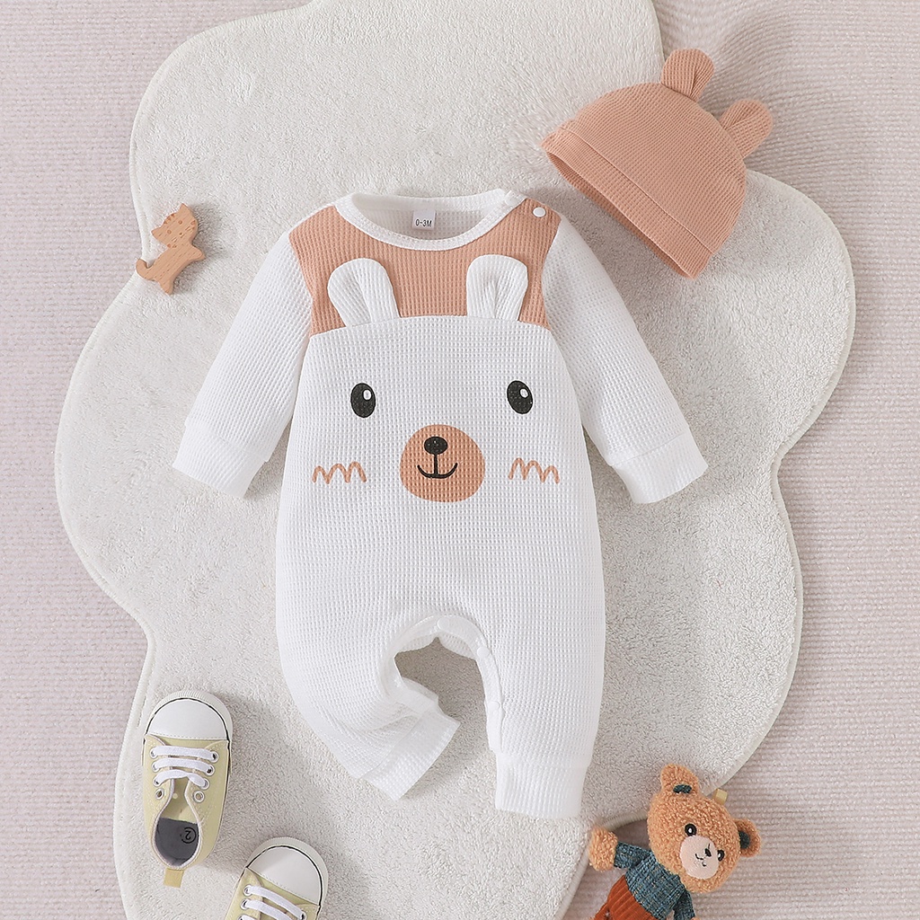 Bộ mũ quà tặng Body bé trai Gái đồ sơ sinh từ 0 đến 18 tháng bodysuit liền thân In Hình  tai Gấu Hoạt Hình Dễ Thương dài tay quần áo cho bé trẻ em