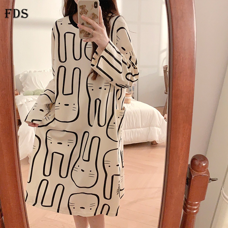 Đầm ngủ mặc nhà FDS tay dài mềm mại thoải mái họa tiết thỏ dễ thương thời trang thu đông ngọt ngào cho nữ