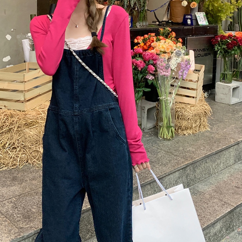 Quần Yếm Denim Ống Rộng Màu Xanh Đậm Dây Thắt Lưng Có Thể Điều Chỉnh Cho Nữ