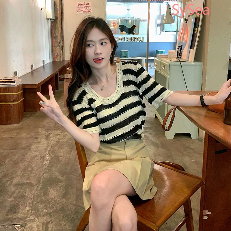 Áo Dệt Kim Dáng Rộng Kẻ Sọc Kiểu Retro Thời Trang Mùa Hè Cho Nữ