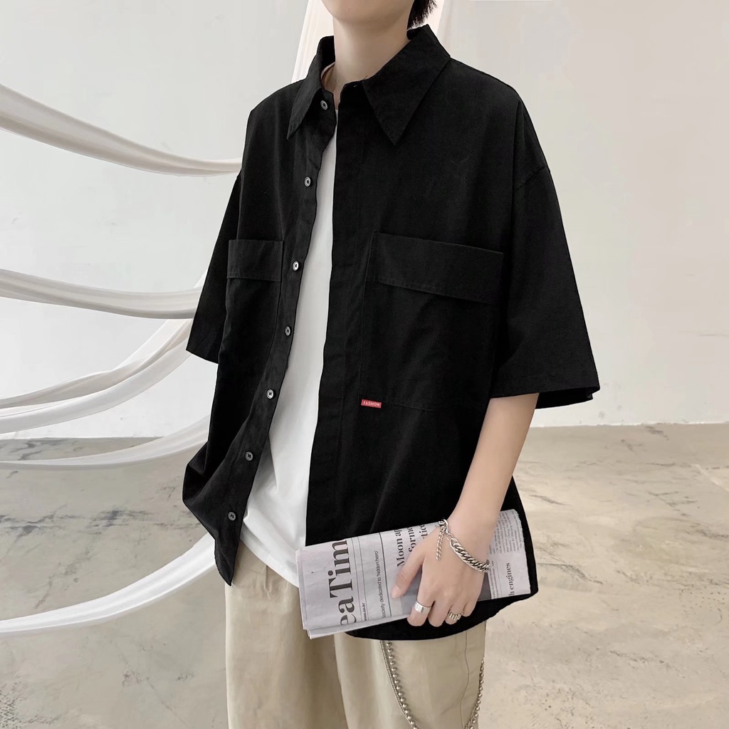 Áo Sơ Mi Tay Ngắn Có Túi Lớn Phong Cách Thời Trang Hàn Quốc Cho Nam Giới [M-2XL]