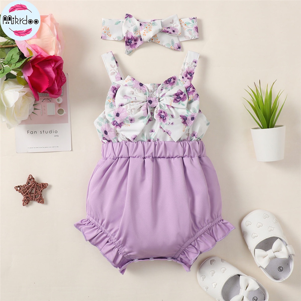 Áo liền quần MIKRDOO có băng đô nơ in họa tiết hoa xinh xắn dành cho bé gái sơ sinh