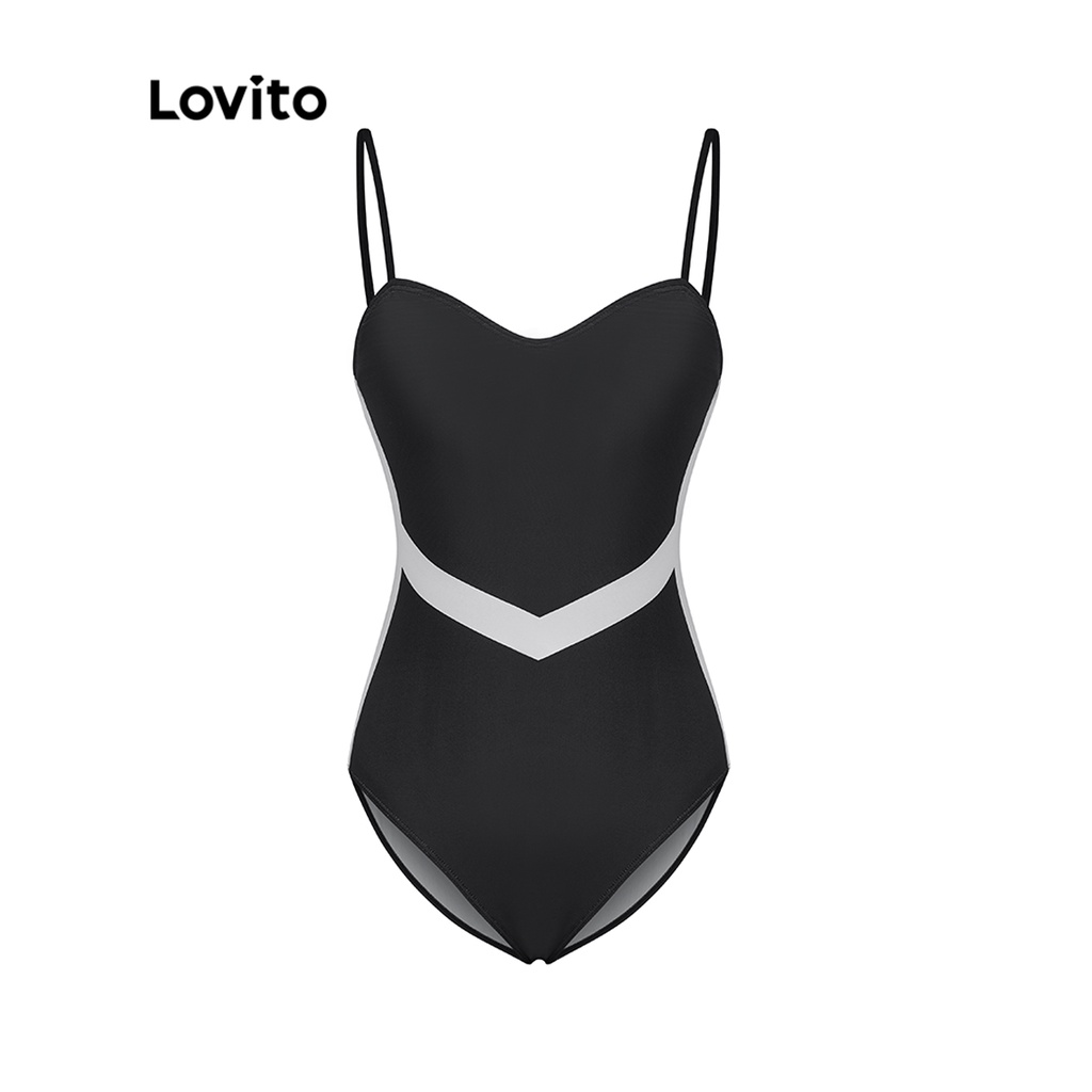 Đồ bơi một mảnh Lovito khối màu hình học cơ bản cho nữ L48AD014 (màu đen)