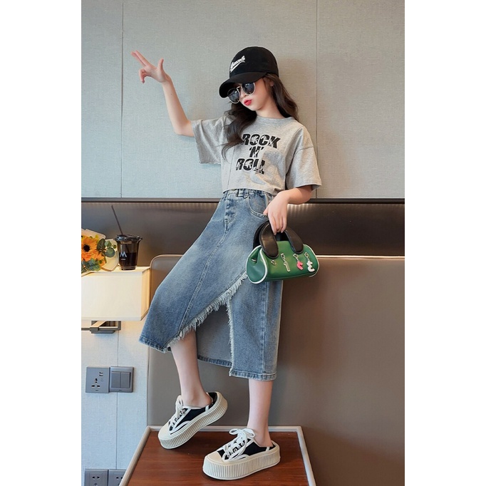 Set Áo Thun Ngắn Tay Và Chân Váy Denim Thời Trang Mùa Hè Cho Bé Gái