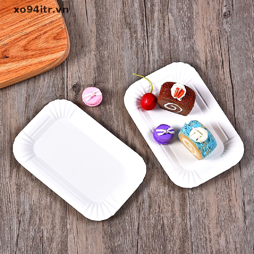 Set 50 / 100 Đĩa Giấy Trắng Hình Chữ Nhật Đựng Bánh Kem Dùng Một Lần