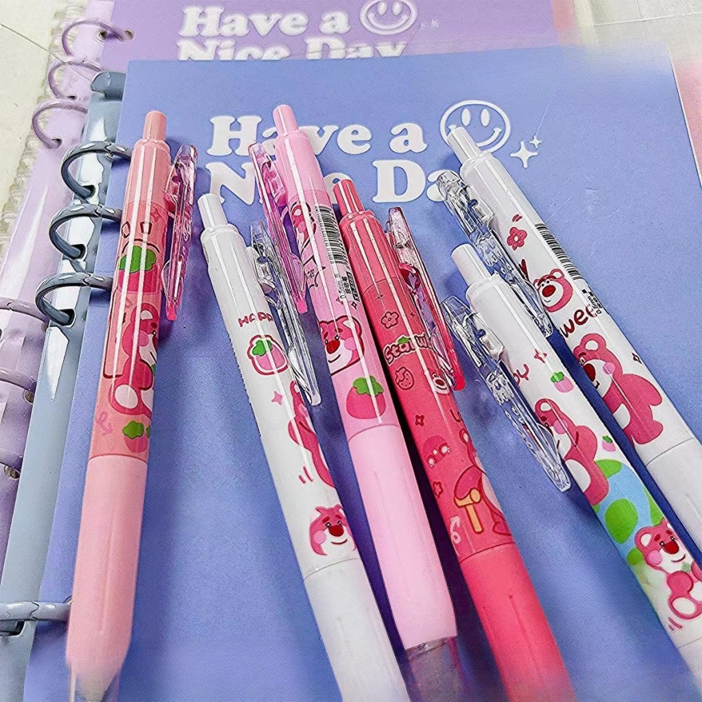 Bộ 6 Bút Mực Gel Ngòi 0.5Mm Màu Đen In Hình Gấu / Dâu Tây Kiểu Công Nghệ Cao Nhanh Khô