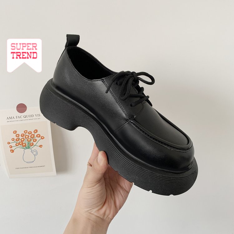 Giày Da Mũi Tròn Cột Dây Màu Trơn Đơn Giản Thoải Mái Hợp Thời Trang