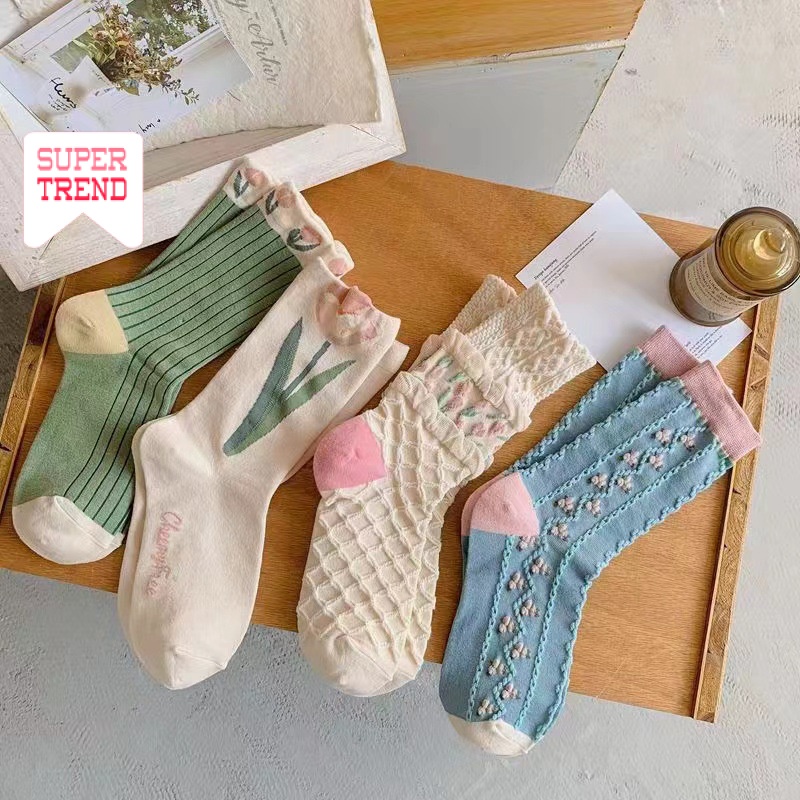 Vớ Cổ Trung In Họa Tiết Hoa Tulip Phong Cách Cổ Điển Thời Trang Cho Nữ