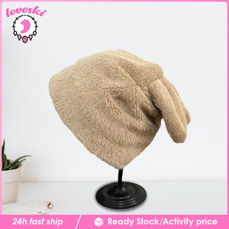 Mũ Beanie Dệt Kim Đính Tai Thỏ Giữ Ấm Mùa Đông