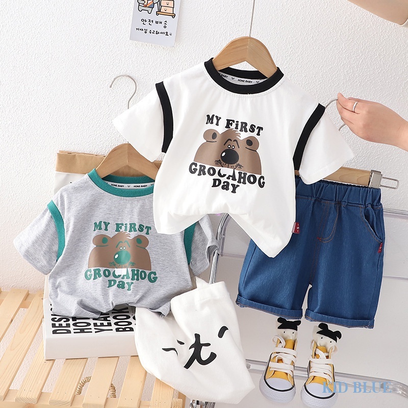 Bộ Áo Thun Tay Ngắn In Hoạt Hình Phối Quần Short Phối Màu Tương Phản Thời Trang Mùa Hè Cho Bé Trai