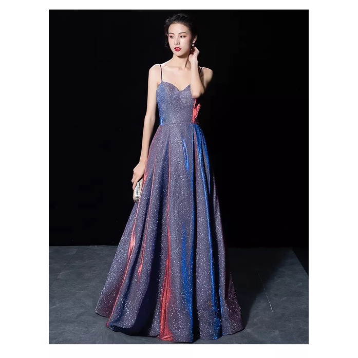 Đầm Maxi Hai Dây Dài Cổ Chữ V Màu Tím Lấp Lánh Họa Tiết Bầu Trời Sao Thời Trang Dự Tiệc Mới