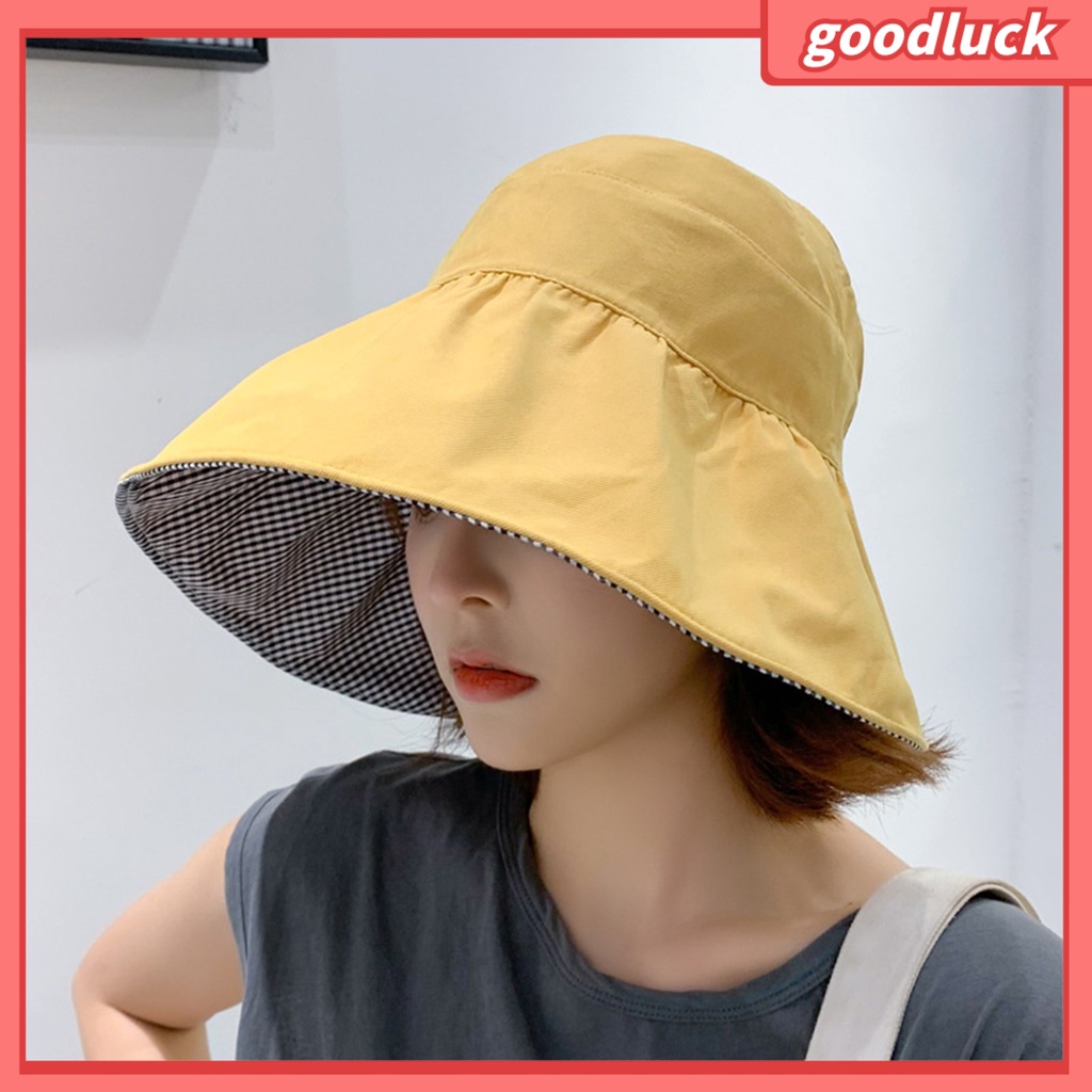 [GOO] Mũ Tai Bèo Che Nắng Hở Chóp Có Dây Đeo Hai Mặt Chống Gió Có Thể Điều Chỉnh Vành Rộng Kẻ Sọc Caro Bảo Vệ Mặt Có Lớp