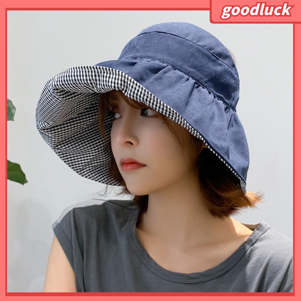 [GOO] Mũ Tai Bèo Che Nắng Hở Chóp Có Dây Đeo Hai Mặt Chống Gió Có Thể Điều Chỉnh Vành Rộng Kẻ Sọc Caro Bảo Vệ Mặt Có Lớp