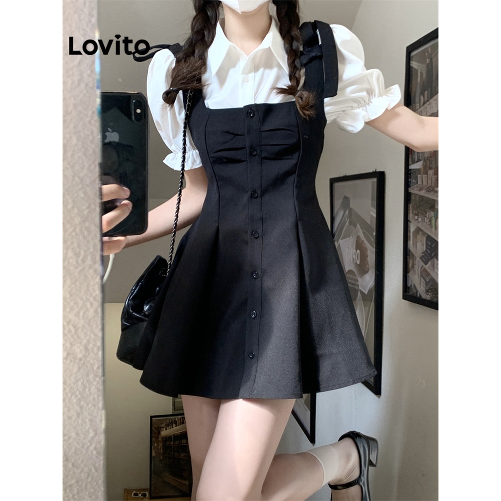 Lovito Áo Hai Mảnh Cổ Trơn Ngắn Tay Cho Nữ LNE05068 (Đen và trắng)