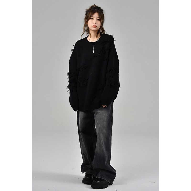 Quần Jean Dài Dáng Rộng Thẳng Màu Đen Thiết Kế Vết Nứt Retro Mỹ Thời Trang Cho Nam