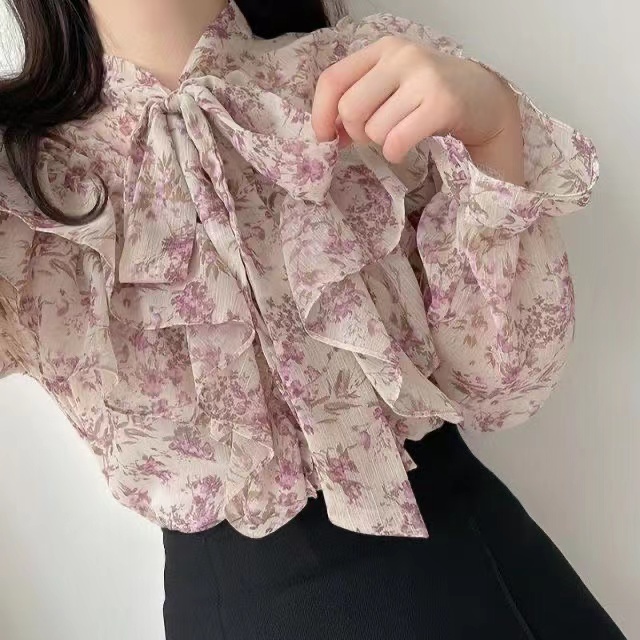 Floral Blouse Chiffon Shirt Áo Sơ Mi Dài Tay Cao Cấp Họa Tiết Hoa Phong Cách Pháp Thời Trang Mùa Xuân Mới Cho Nữ