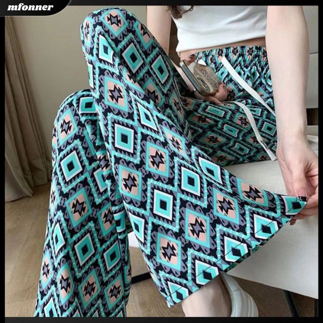 Quần Dài Lưng Cao Ống Rộng Dây Rút In Họa Tiết Thời Trang Cho Nữ