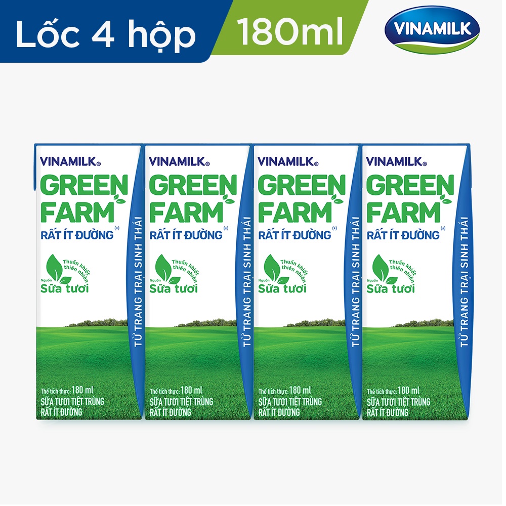 Thùng 48 Hộp Sữa Tươi Tiệt Trùng Vinamilk Green Farm Rất ít đường - Lốc 4 Hộp 180ml