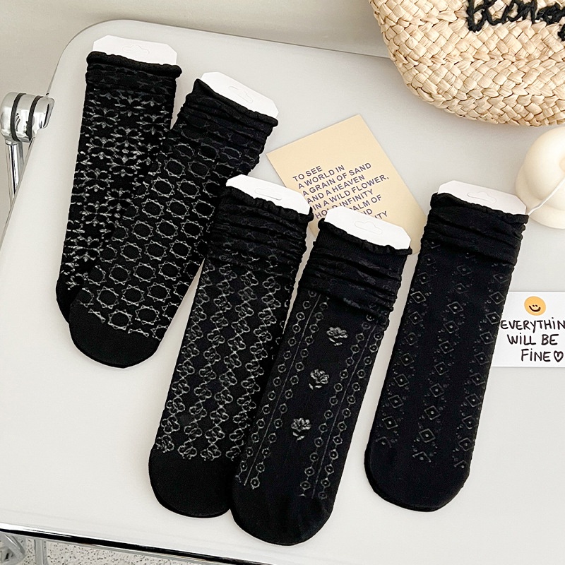 Vớ Cotton Mỏng Màu Đen Trơn Phối Ren Phong Cách Hàn Quốc Dành Cho Nữ