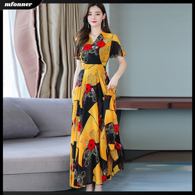 Đầm Lụa Dài Xếp Ly Lưng Cao Cổ Chữ V In Họa Tiết Cho Nữ