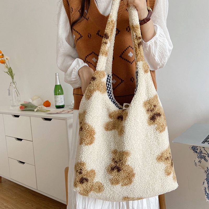 Fancy Túi Tote Đeo Vai Bằng Vải Bông Mềm Mại Sức Chứa Lớn Hình Gấu Dễ Thương Giữ Ấm Cho Nữ