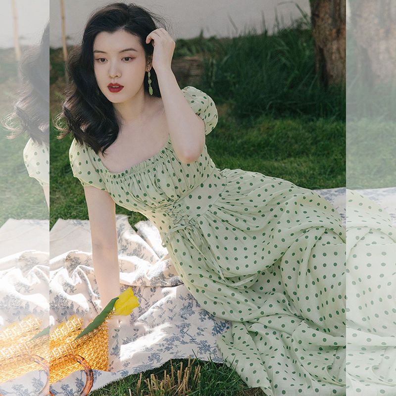 Đầm Cổ Vuông Họa Tiết Chấm Bi Màu Xanh Lá Phong Cách Retro Pháp Thời Trang Mùa Hè Hàng Mới 2023