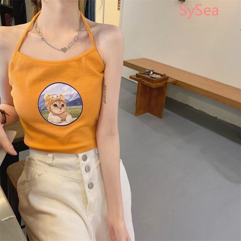 Áo Hai Dây In Hình Mèo Phong Cách Hàn Quốc Quyến Rũ Cho Nữ