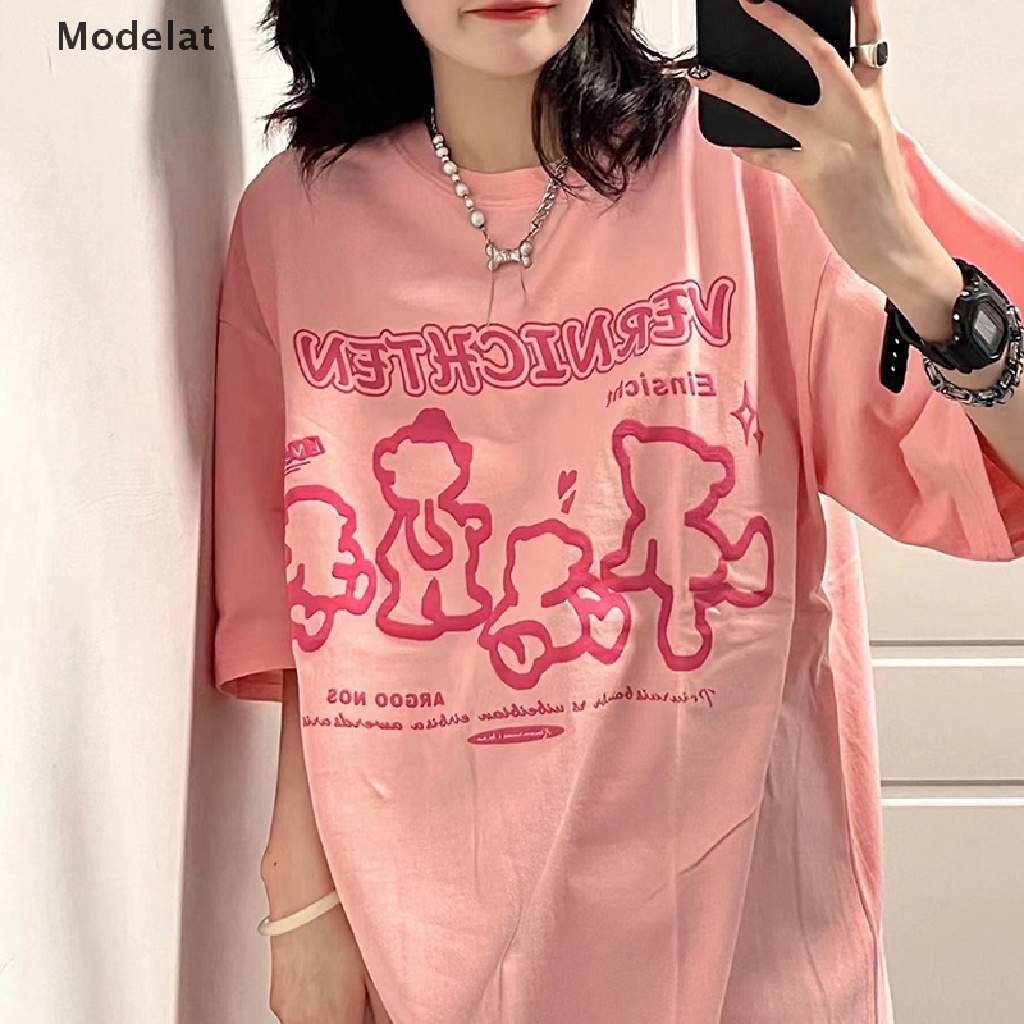 Áo Thun Tay Ngắn Cổ Tròn Dáng Rộng In Hình Gấu Kiểu Retro Mỹ Dễ Thương Cho Nữ