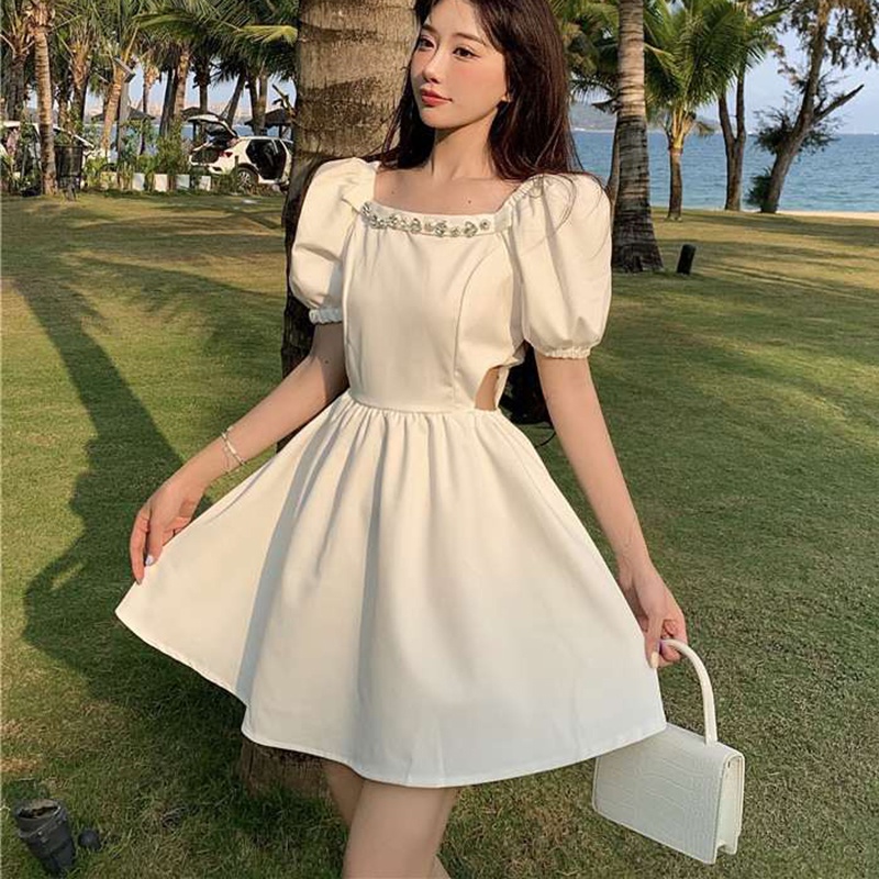 IELGY    Đầm Cổ Vuông Tay Phồng Ôm Eo Đính Kim Cương Phong Cách Pháp Cho Nữ