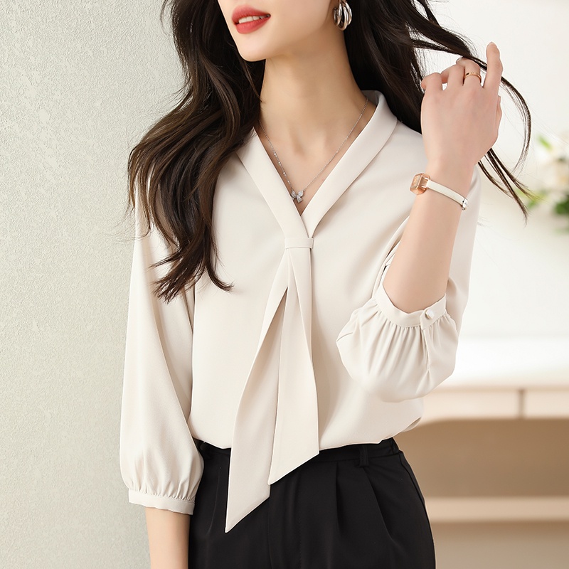 Drape Áo Sơ Mi Voan Trắng Tay Lỡ Phối Ruy Băng Đơn Giản Chuyên Nghiệp Cho Nữ