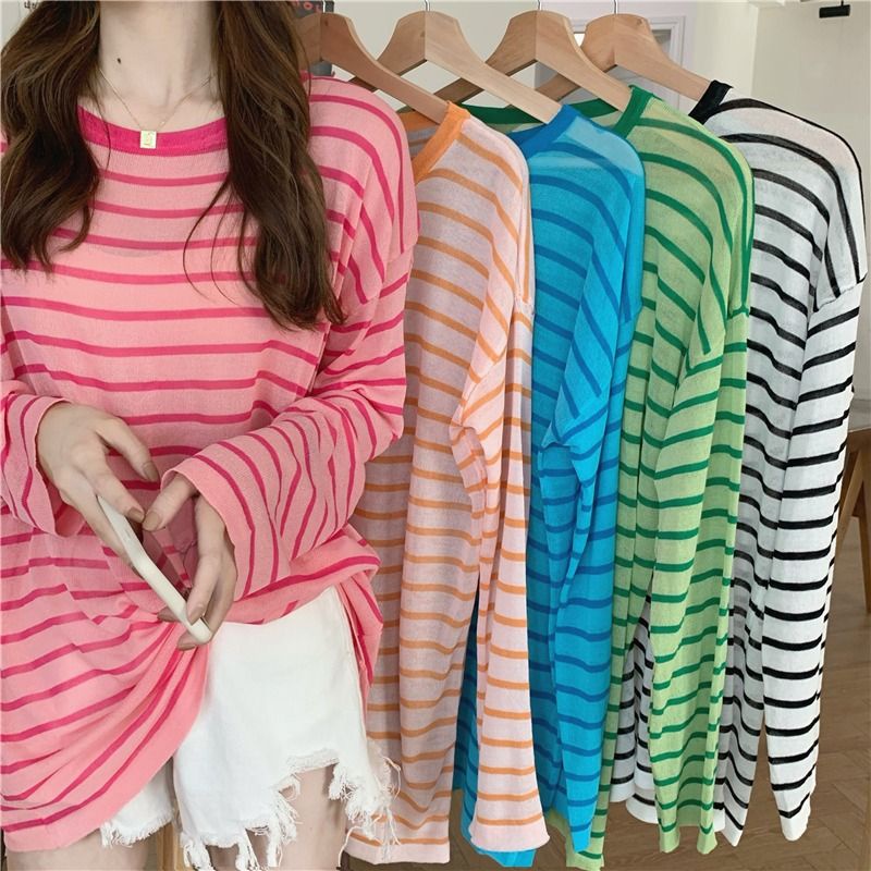 Áo Thun Mỏng Dáng Rộng Họa Tiết Kẻ Sọc Phong Cách Hàn Quốc Thời Trang Mùa Hè Mới 2023 Dành Cho Bạn Nữ