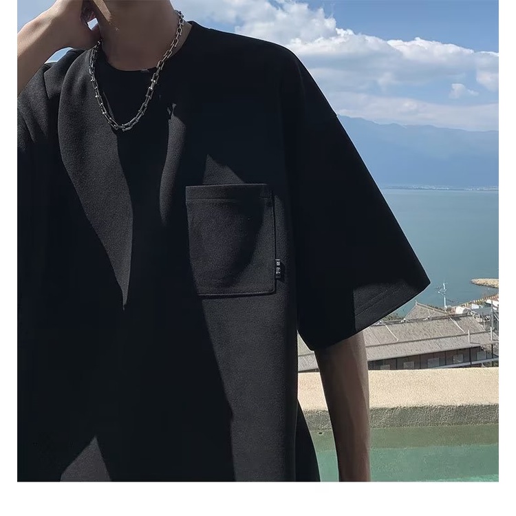 Áo Thun Lông Cừu Tay Ngắn Cổ Tròn Phối Túi Thời Trang Mùa Hè Phong Cách Nhật Bản Cho Nam