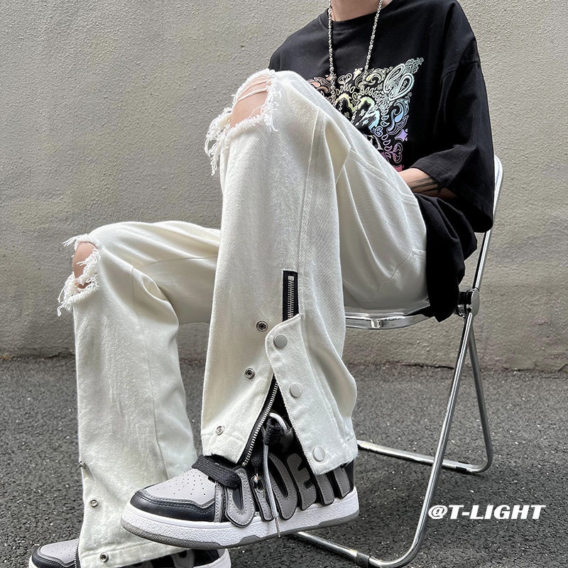 Quần Jean Ống Loe Phối Khóa Kéo Thời Trang Đường Phố Mỹ Cá Tính Cho Nam