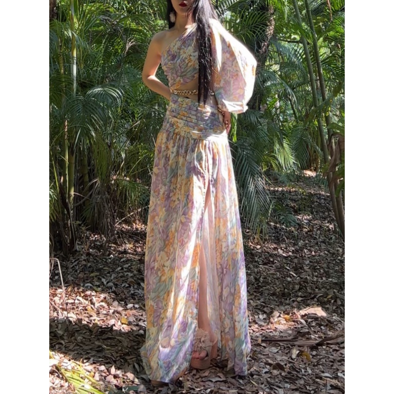 Xéo vai dài tay áo cao váy thắt lưng  5038