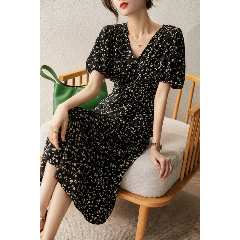 Đầm Tay Phồng Cổ Chữ V Họa Tiết Hoa Phong Cách Hoàng Gia Pháp Thời Trang Mùa Hè Xinh Xắn Cho Nữ