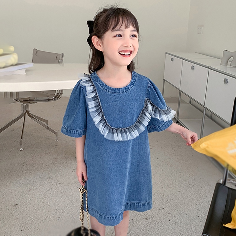 Đầm Công Chúa Mùa Hè Se7en Tay Cộc Cổ Tròn Vải Tuyn Denim Xếp Nếp Trang Trí Cho Bé Gái