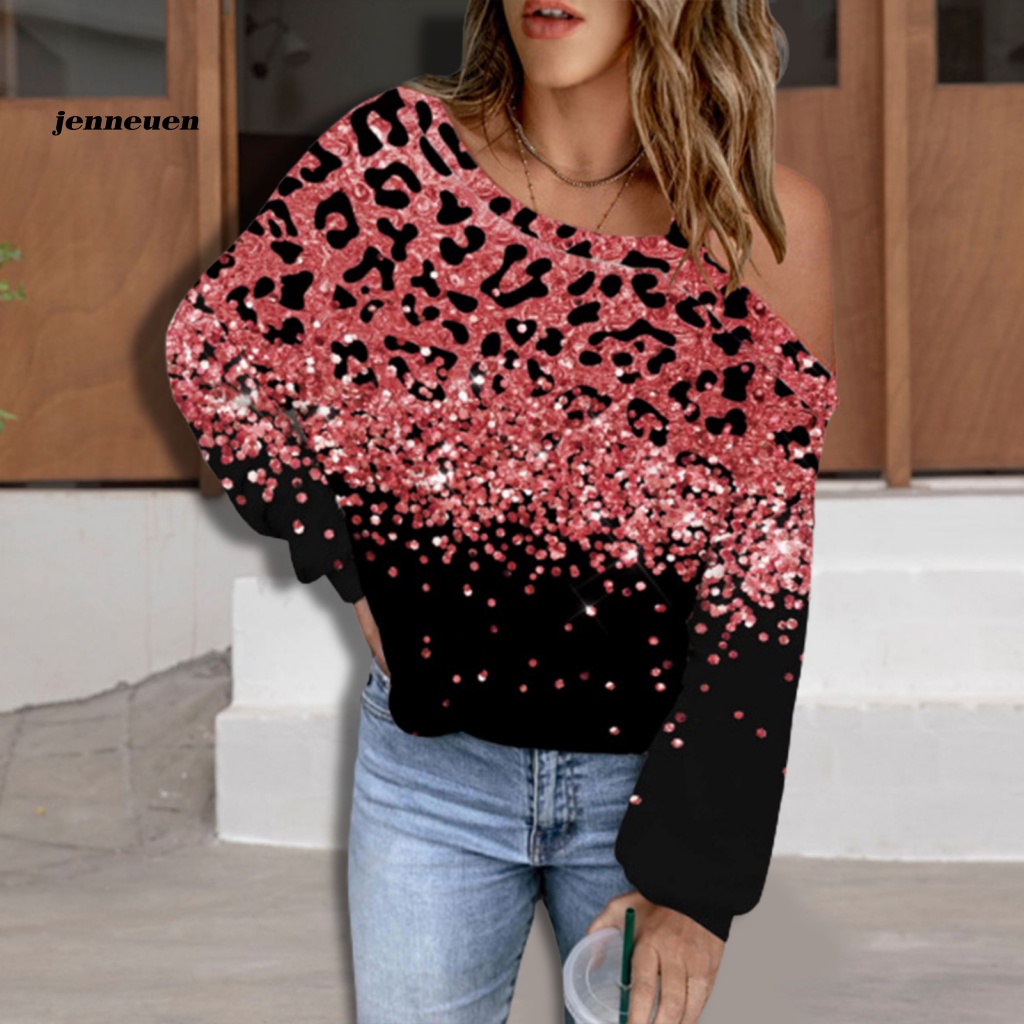 Áo Kiểu Tay Dài Trễ Vai Mềm Mại In Họa Tiết Bông Tuyết Lấp Lánh Thời Trang Xuân Thu Cho Nữ