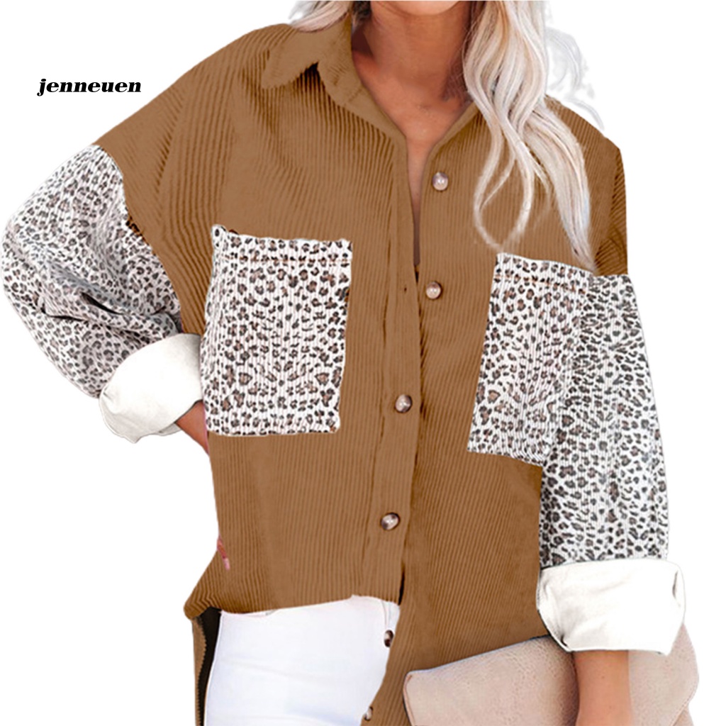 Áo Sơ Mi Tay Dài Cổ Bẻ In Họa Tiết Da Báo Phối Hai Túi Thời Trang Đường Phố Mùa Thu Cho Nữ