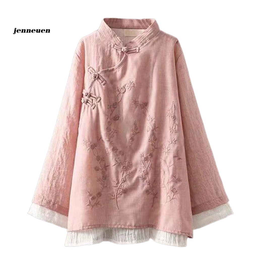 Jen Áo Sơ Mi Dáng Rộng Cổ Đứng Thêu Hoa Thắt Nút Màu Trơn Giữ Ấm Mùa Xuân Phong Cách Trung Hoa Cổ Điển Cho Nữ