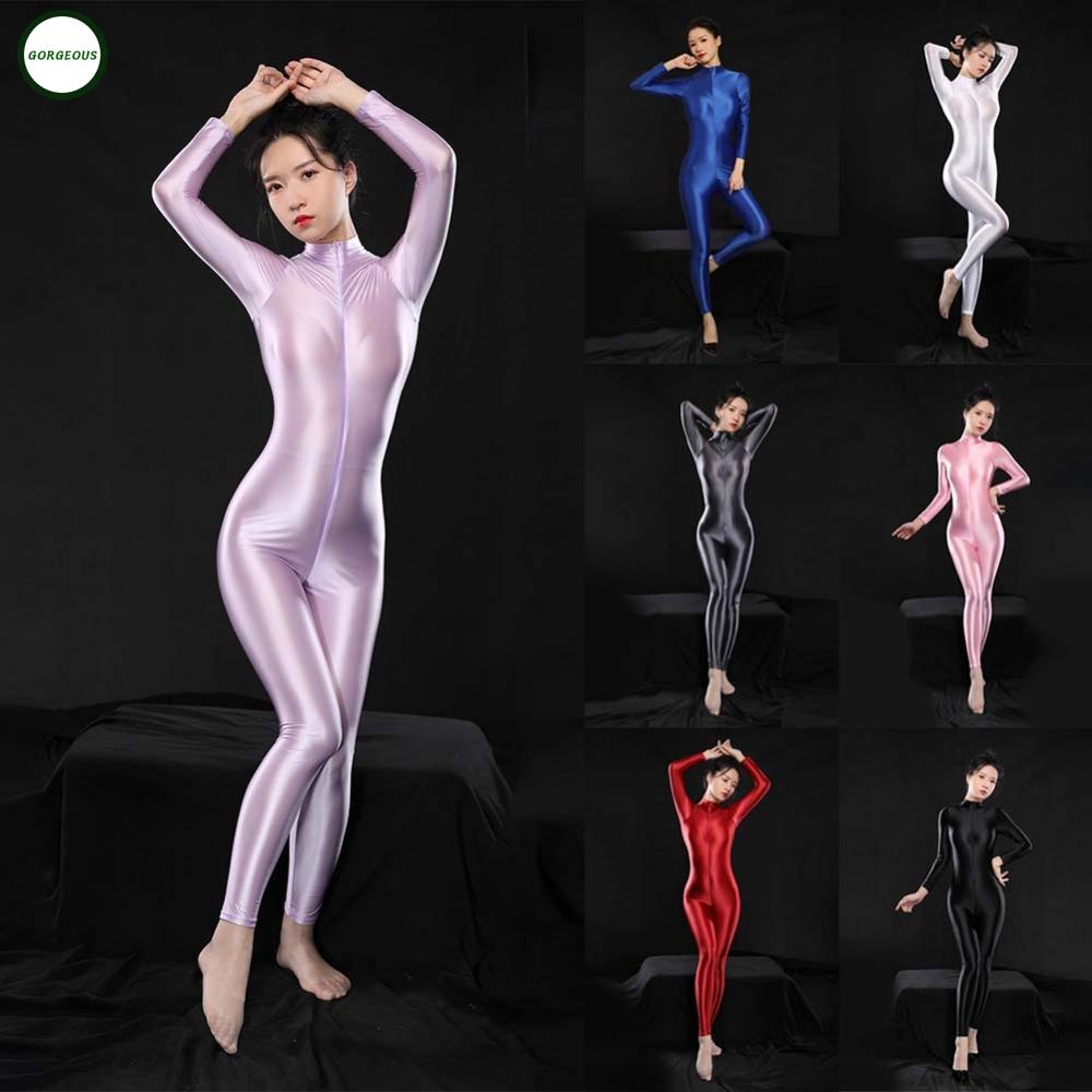 GORGEOUS~Womens Long Sleeve Zip-up Bodysuit Tights Glossy Bodystockings Jumpsuit oily