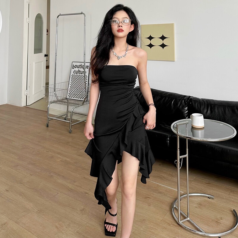 Kliou 2023 Mới Đầm Mini Dáng Chữ A Không Tay Phối Tua Rua Phong Cách Đường Phố Thời Trang 2023