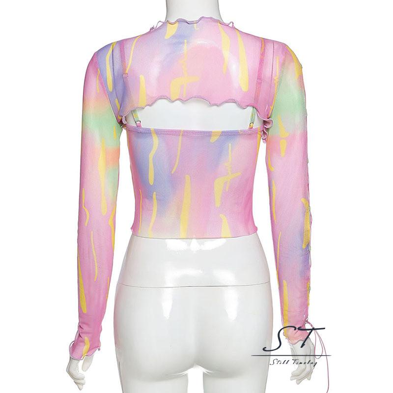 Bộ Áo Croptop Dài Tay Cổ Tròn + Áo Hai Dây Nhún Bèo CY03- Thời Trang Mùa Hè Cho Nữ