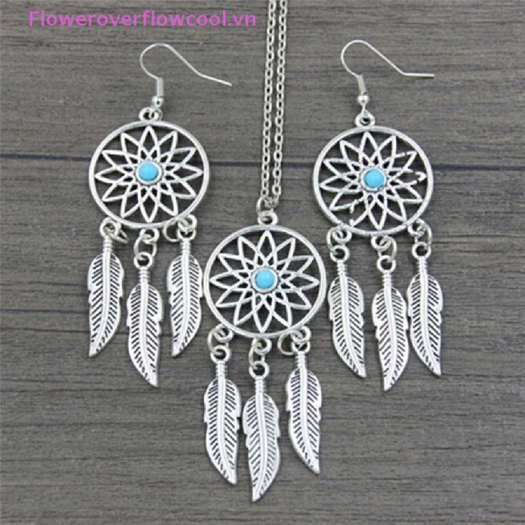 Bộ Vòng cổ + Bông Tai Hình Dreamcatcher + Lông Vũ Phong Cách Bohemian