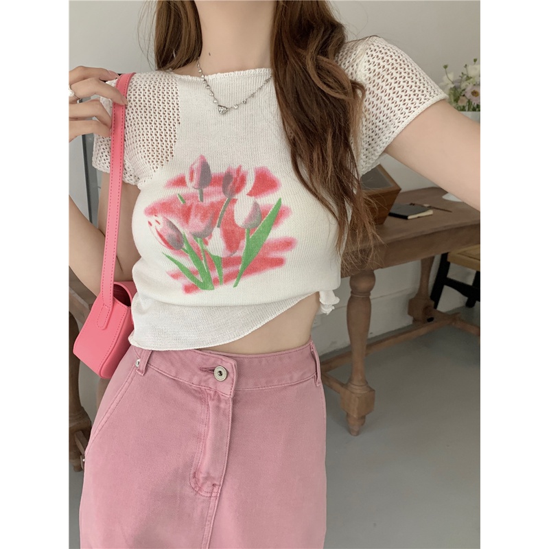 Áo Thun Dệt Kim Tay Ngắn In Họa Tiết Hoa Xinh Xắn Thời Trang Cho Nữ