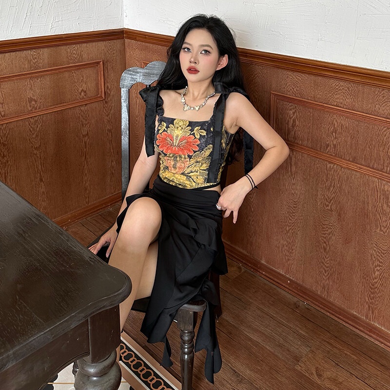 Áo Hai Dây Ôm Dáng Thêu Hoa Phong Cách Retro Mùa Hè Cho Nữ