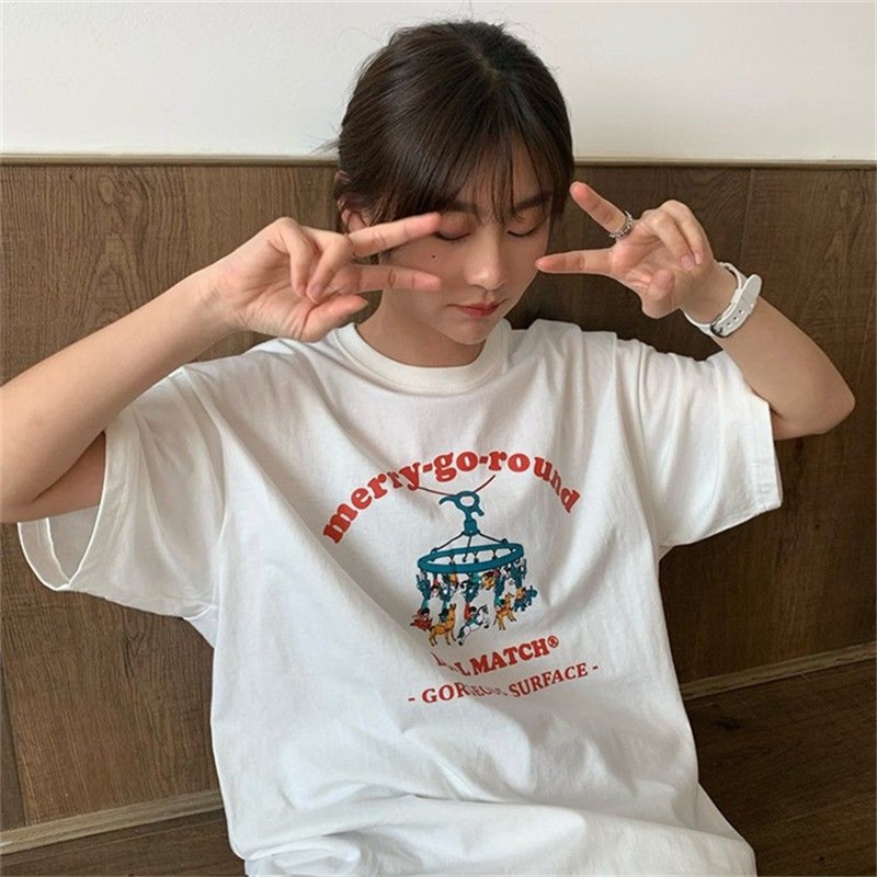 DIDIKA Hàng Mới Về Áo Thun Cotton Ngắn Tay Dáng Rộng In Họa Tiết Thời Trang Xuân Hè Cho Nữ